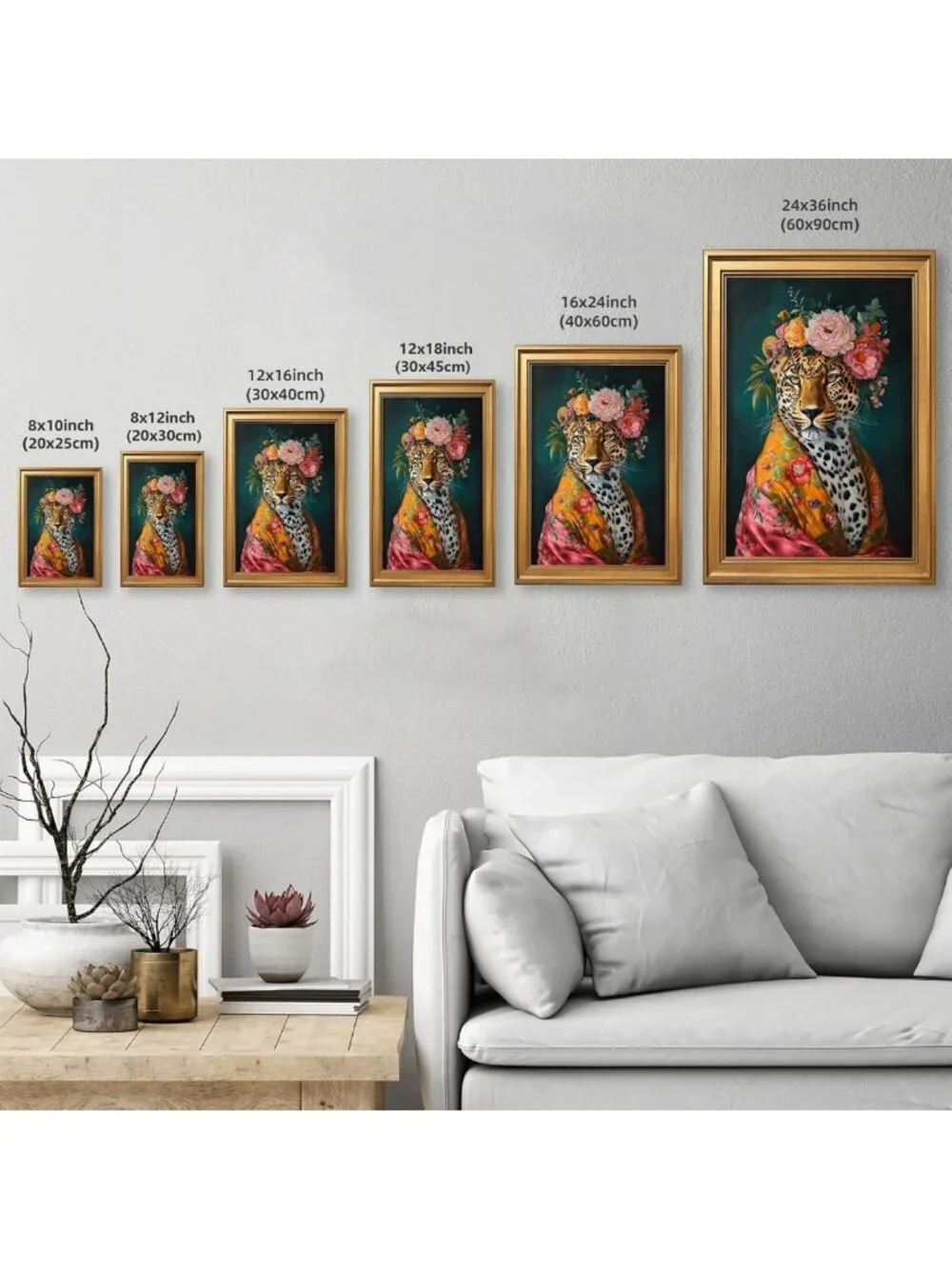 Colorful Floral Leopard Wall Art Canvas Print - Vintage Jungle Decor 12x16
